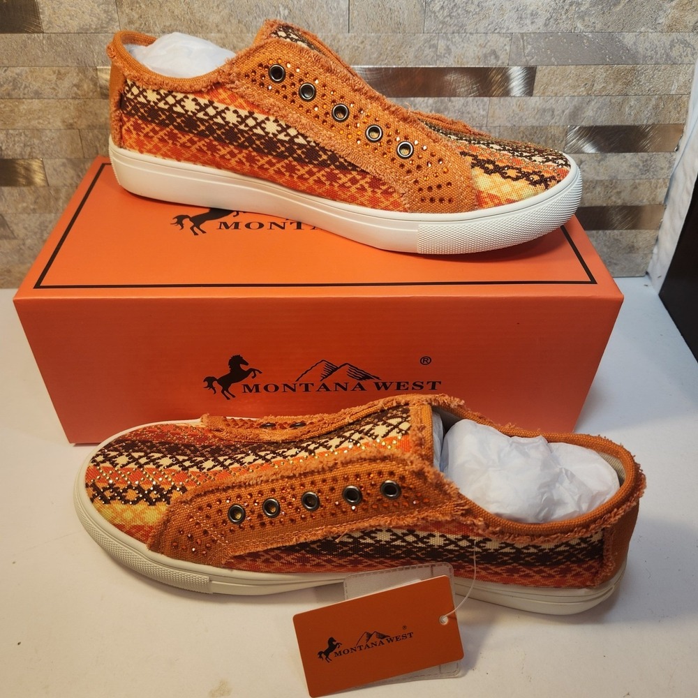 Montana West Women Orange Southwestern Rhinestone Slip On Sneakers 900-S043OR-10